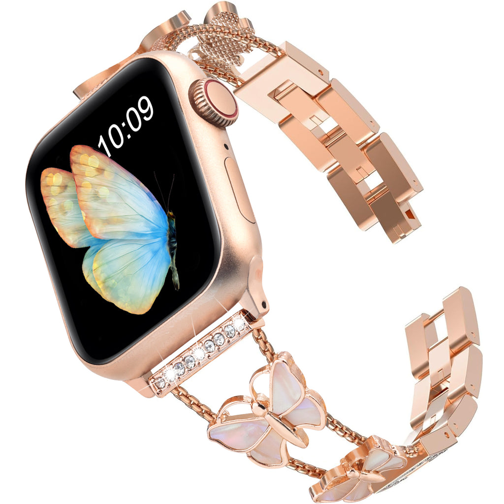 Beautiful Alloy Metal Bling Band for Apple Watch with Butterflies, Rose Gold
