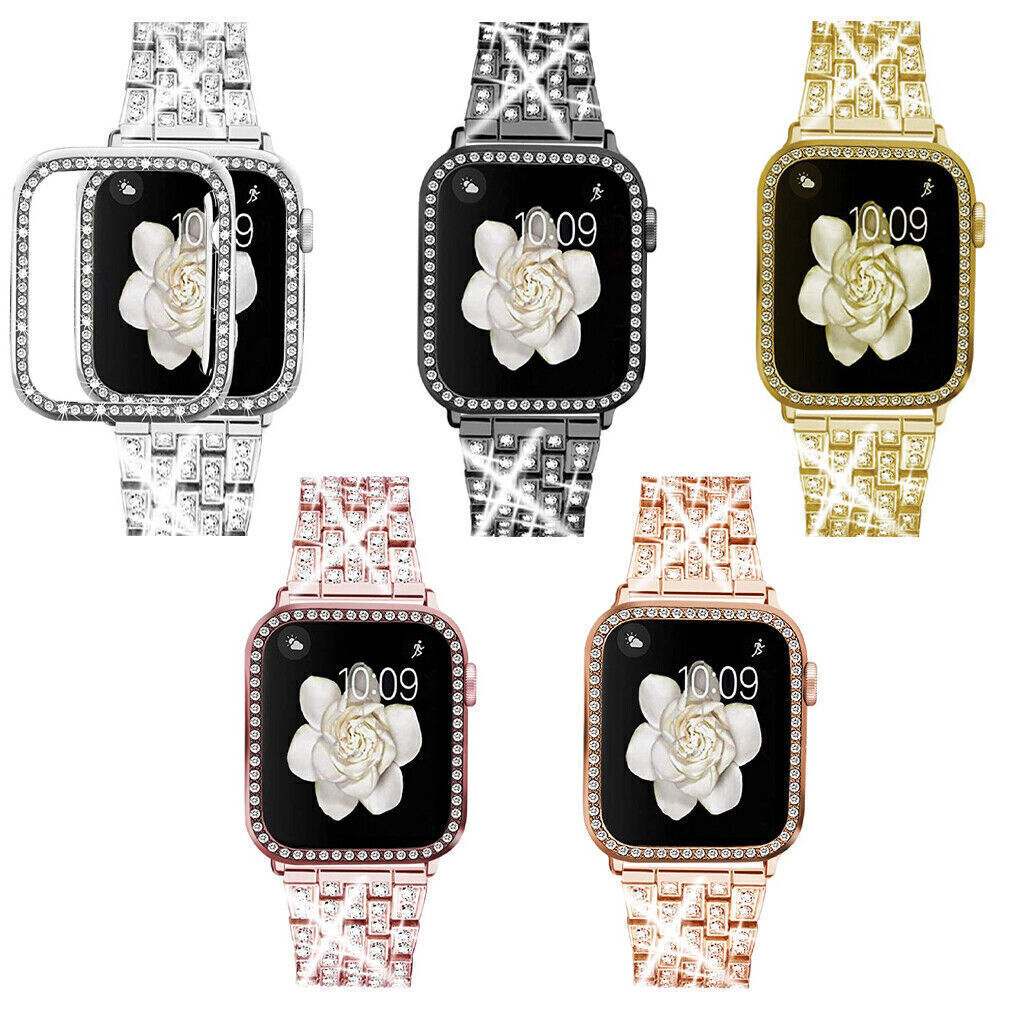 Bling Metal Band with Matching Bumper Case for Apple Watch Band Jewelry Rhinestone Diamond Bracelet iWatch Wristband Strap for Women, Girls