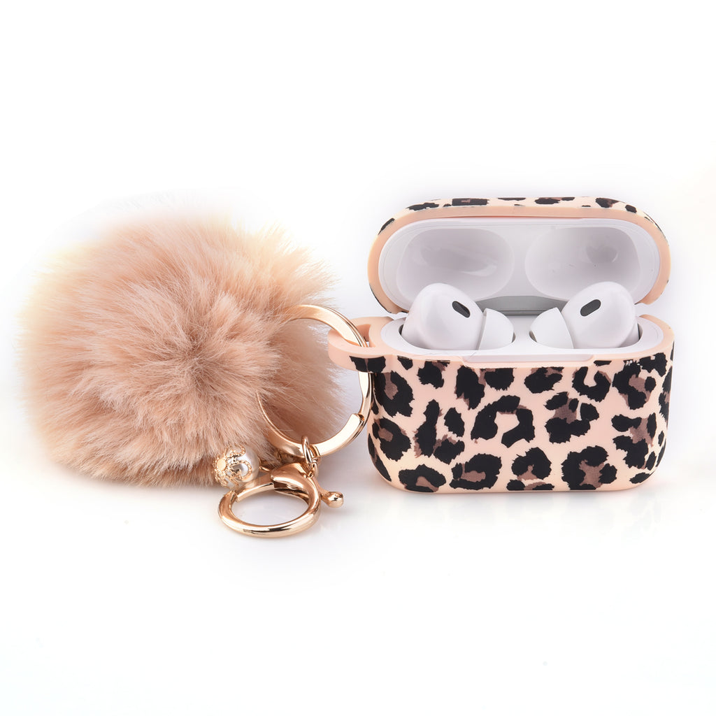 Silicone Case for AirPods Pro 2 with Pom Pom Keychain-Pink Cheetah Pattern